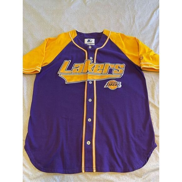 LA Lakers Size 2XL Baseball Jersey Vintage Starter Yellow Purple - Picture 1 of 5